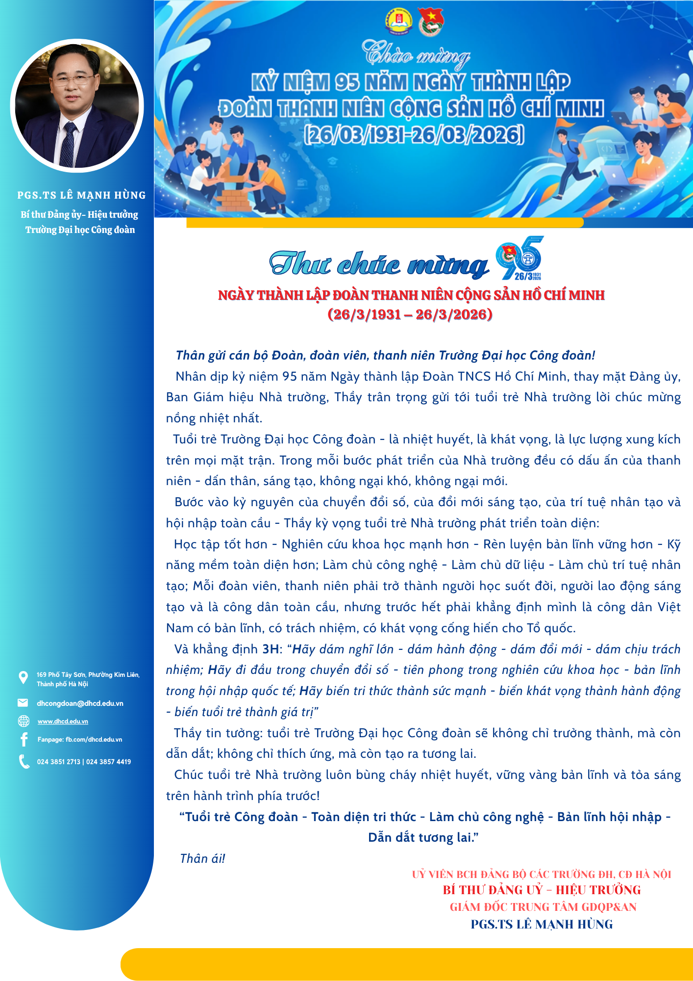 Thư chúc mừng kỷ niệm 95 năm ngày thành lập Đoàn thanh niên Cộng sản Hồ Chí minh của Hiệu trưởng Trường Đại học Công đoàn