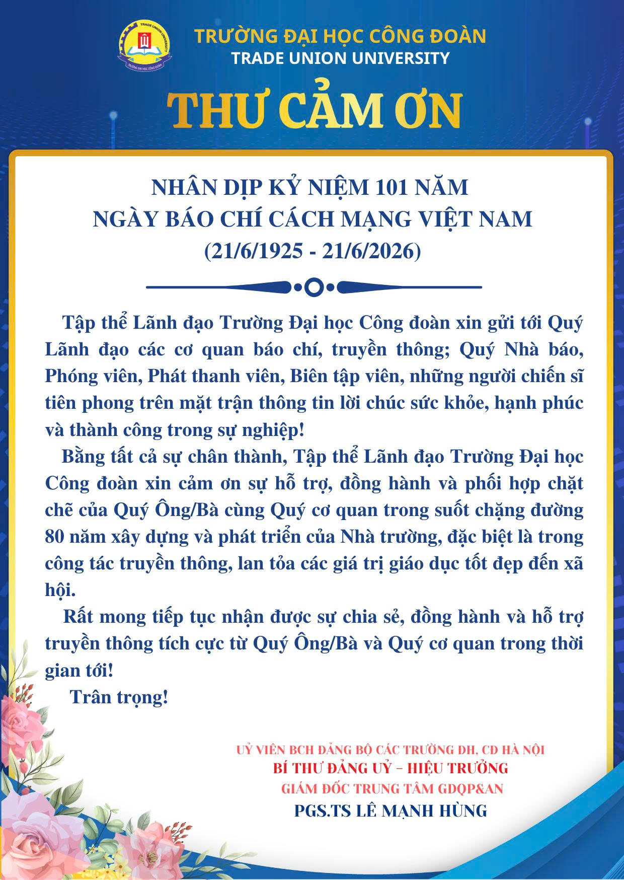 Thư chúc mừng của Hiệu trưởng nhân dịp kỷ niệm 101 năm ngày Báo chí cách mạng Việt Nam