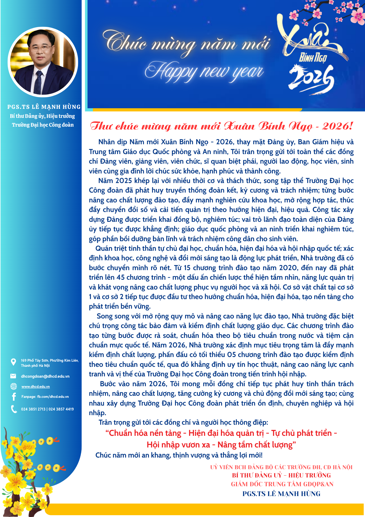 Thư chúc mừng năm mới Xuân Bính Ngọ - 2026 của Hiệu trưởng trường Đại học Công đoàn